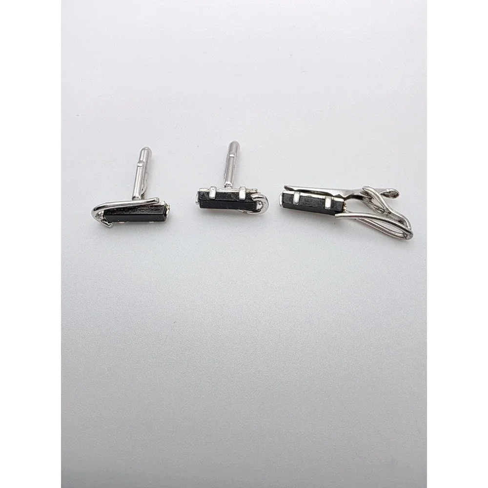 76 Yr Old Vtg SWANK Cufflinks‎ & Tie Clip Bar Set Silver Tone & Onyx FREE SHIP!!